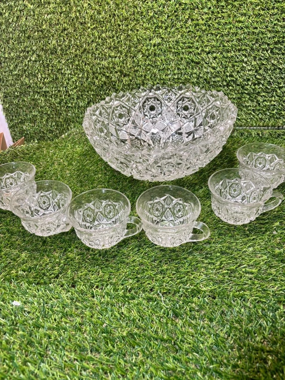 Rich's Department Store Pressed Glass Punch Bowl Set 7pc Star Pattern Clear